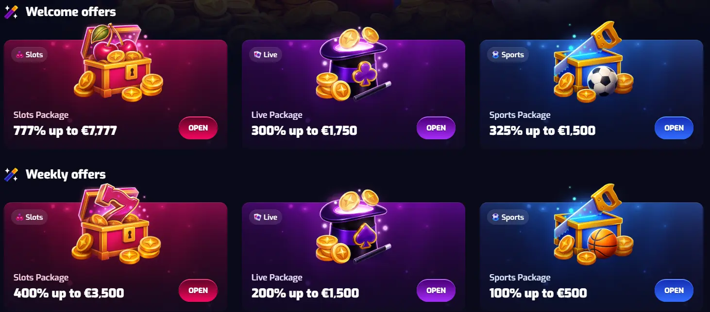 Trixino Casino — welcome and weekly packages for slots, live casino and sports